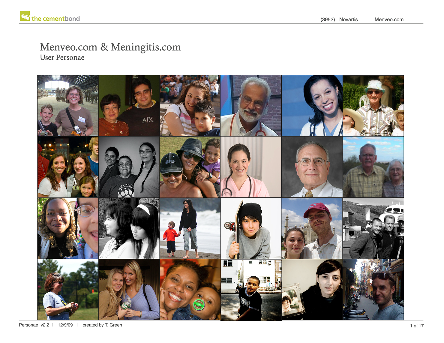 Audience research board for Meningitis.com showing a dense grid of photographs of parents, teens, and children representing the site's target populations.