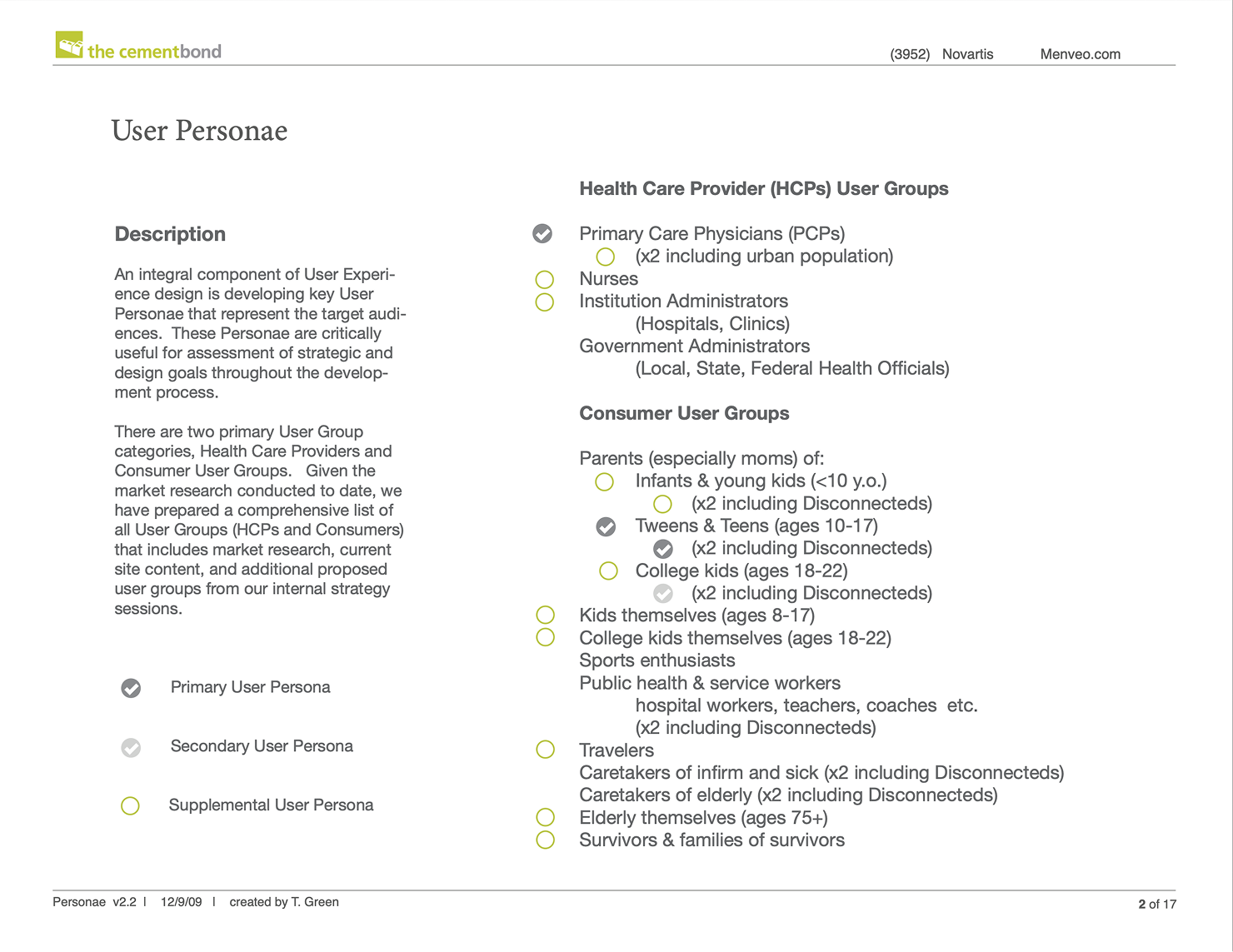 Outline of audience segmentation into persona types: parents, travelers, seniors, and HCPs.