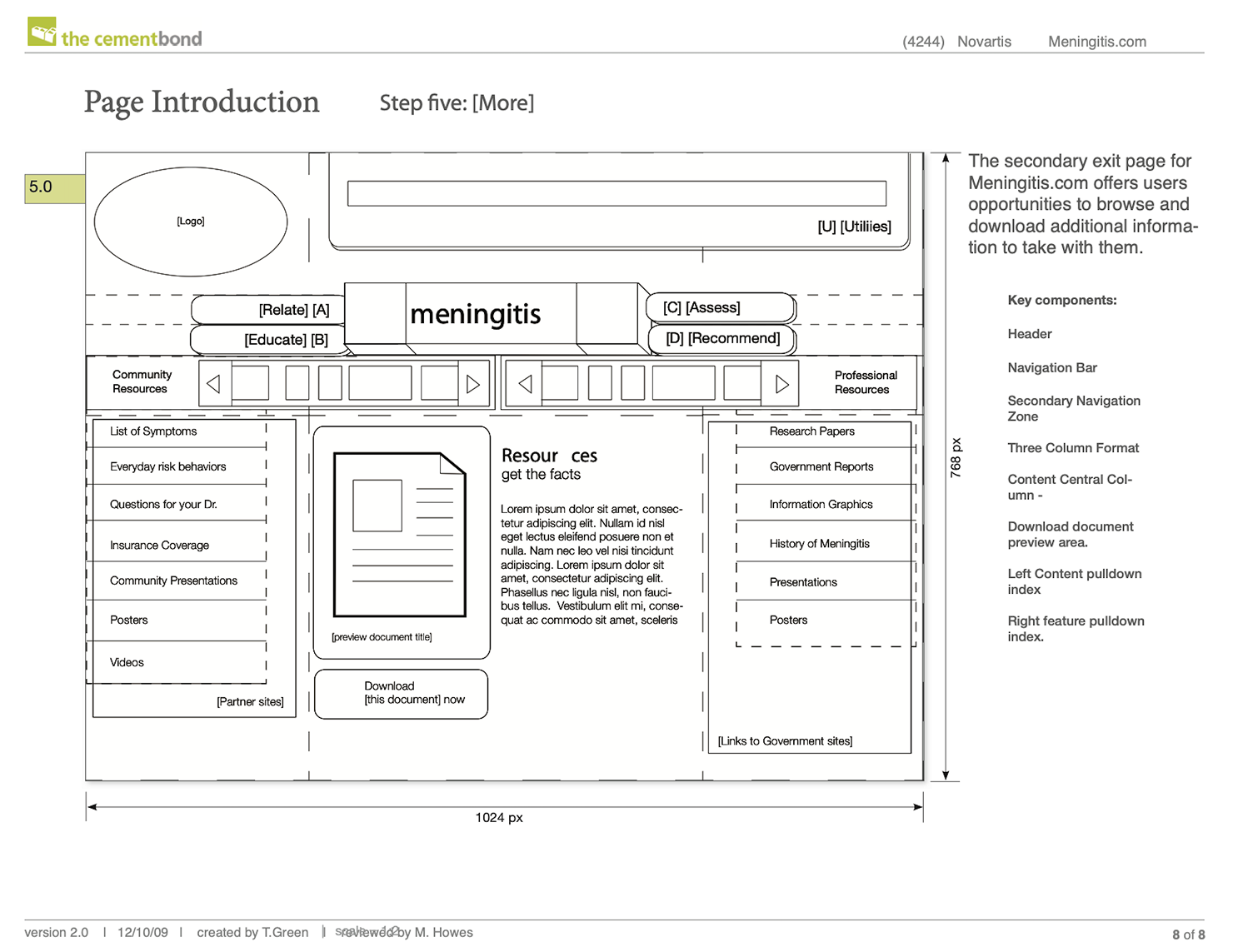 Page specification document headed "Page Introduction," showing a wireframe layout diagram with annotation markers and an accompanying requirements panel.