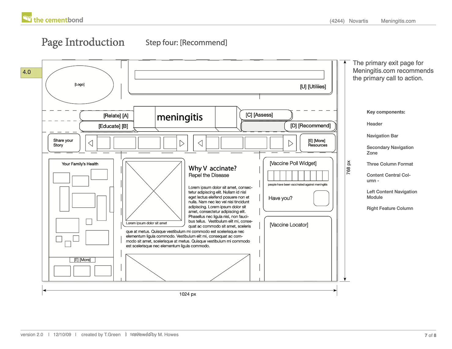 Page specification document showing a wireframe with stacked content modules and numbered annotations, alongside written requirements for module behavior and link logic.