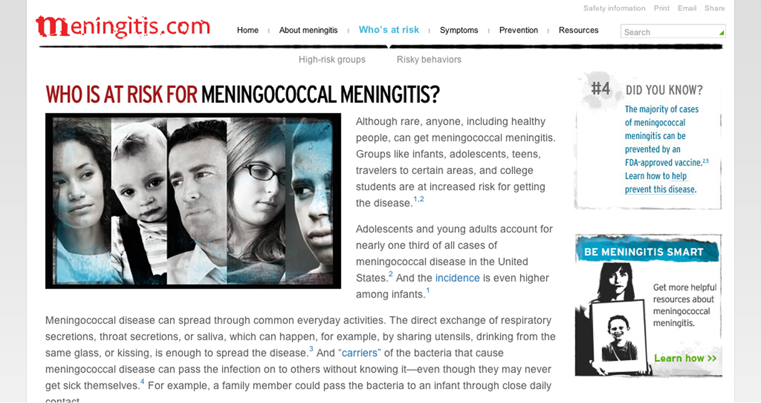 Interior page of Meningitis.com with clinical description of meningococcal meningitis and supporting imagery.