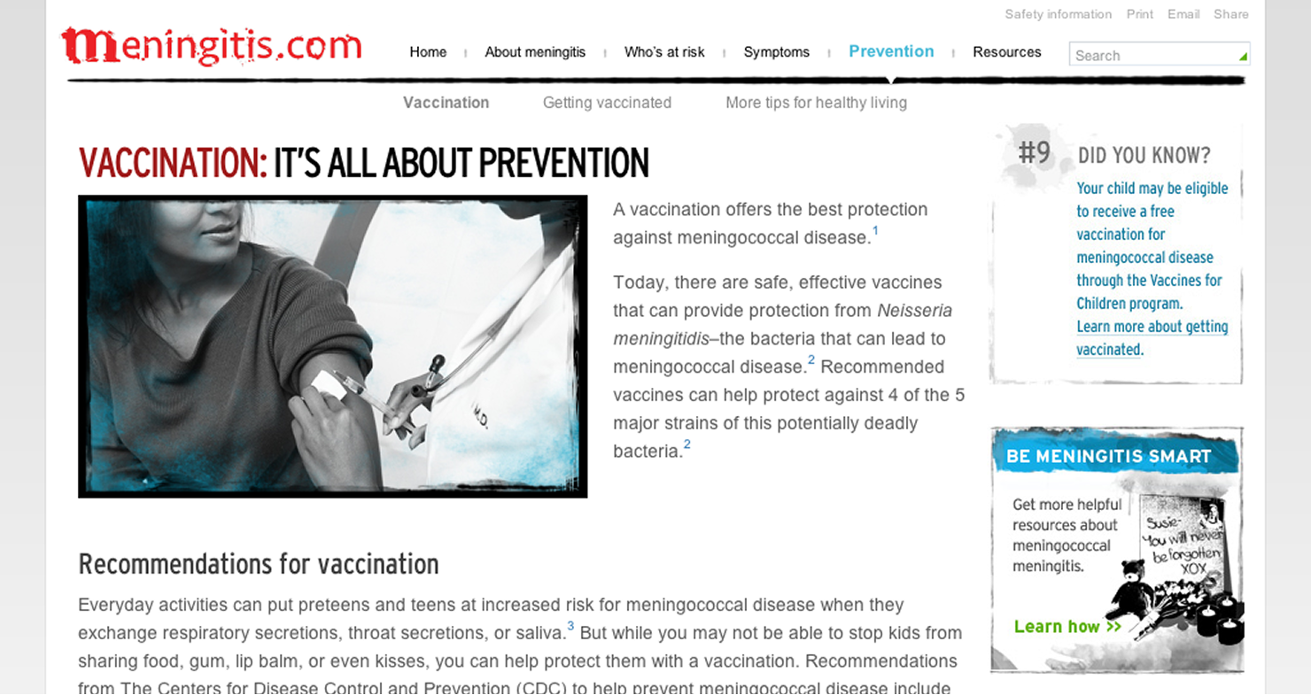 Meningitis.com recommendation page directing users toward vaccination scheduling.