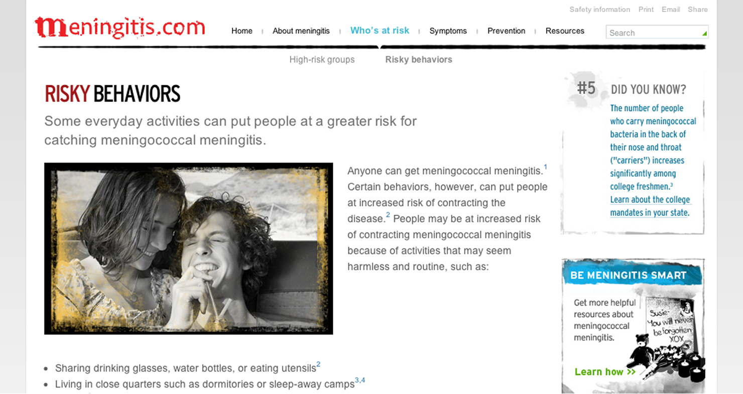Meningitis.com risk behaviors page with black-and-white photography of teens and bold educational copy.