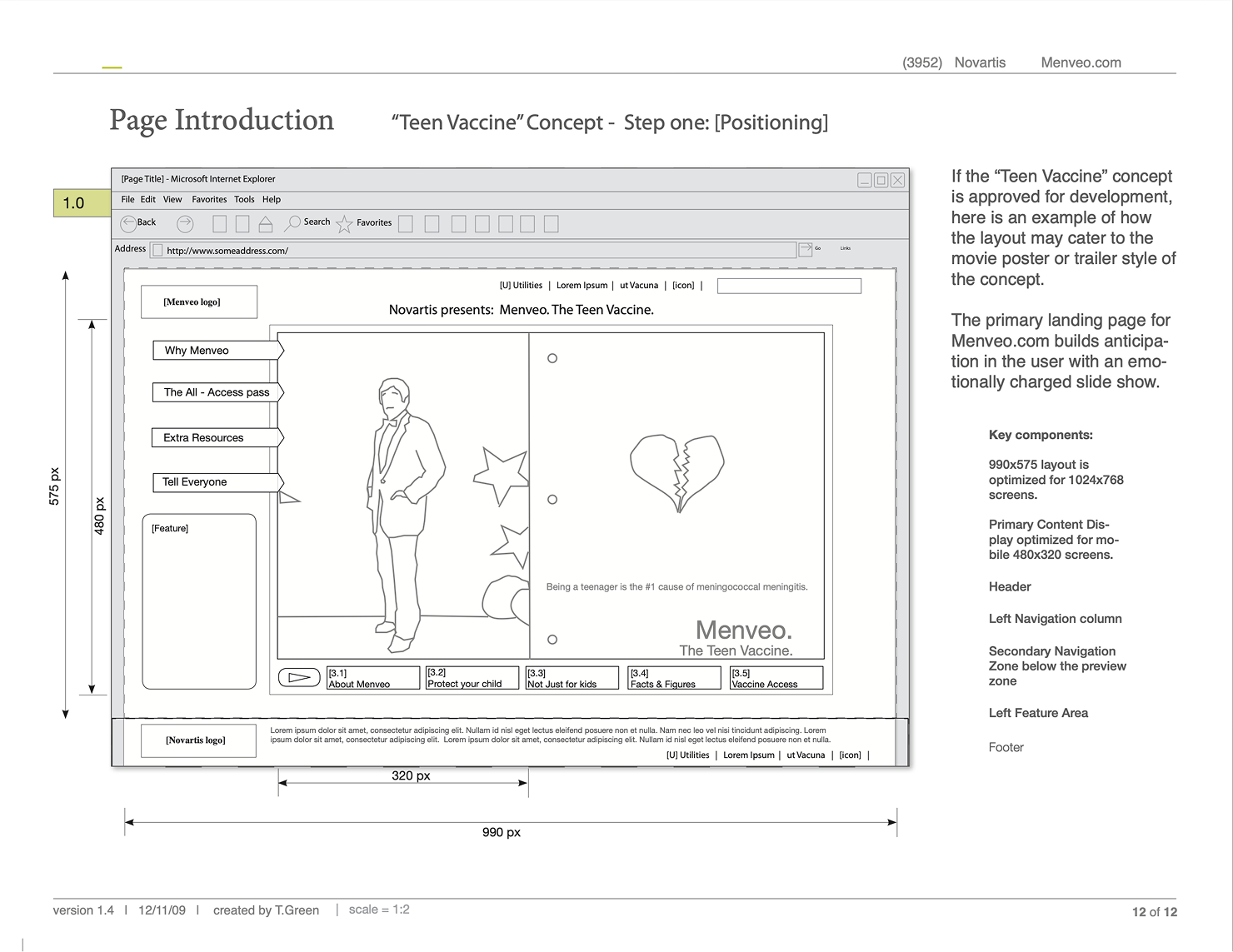 Low-fidelity wireframe, alternate 'Tree Vaccine' concept for the Positioning page, showing a tree-metaphor layout with feature areas.