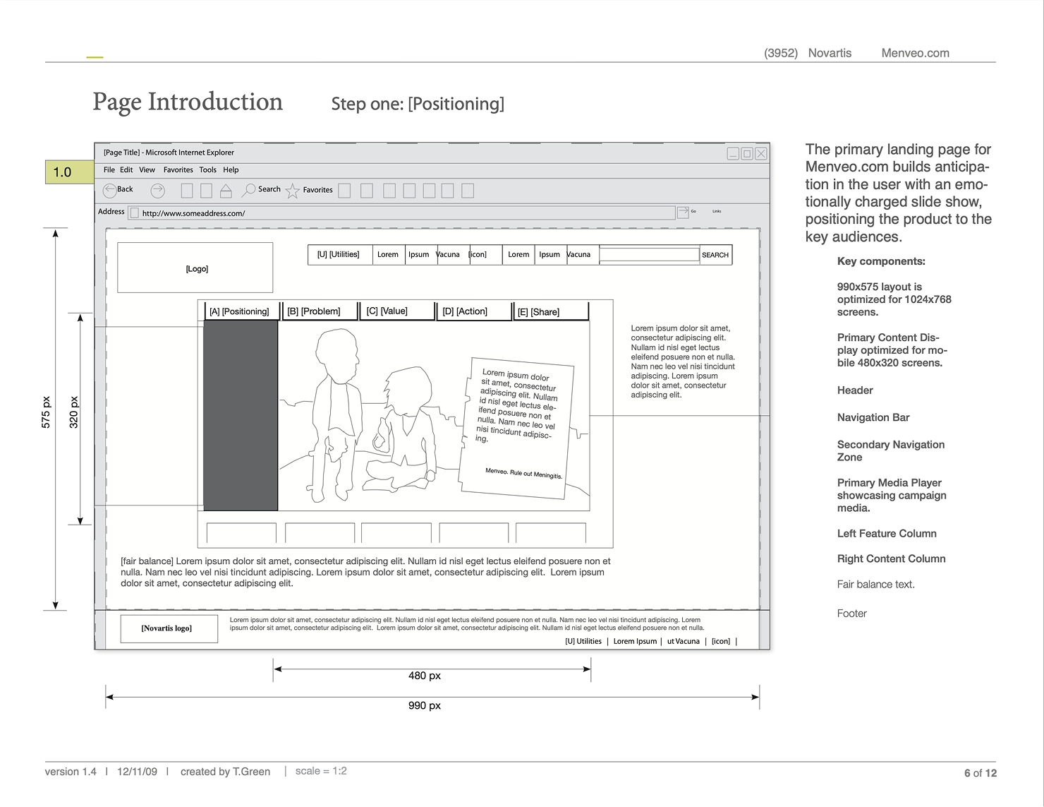 Page specification for the Menveo.com landing page, step one: Positioning, alternate treatment. The wireframe shows the same five-tab navigation with a sketched illustration of two teenagers seated together beside a tilted note card