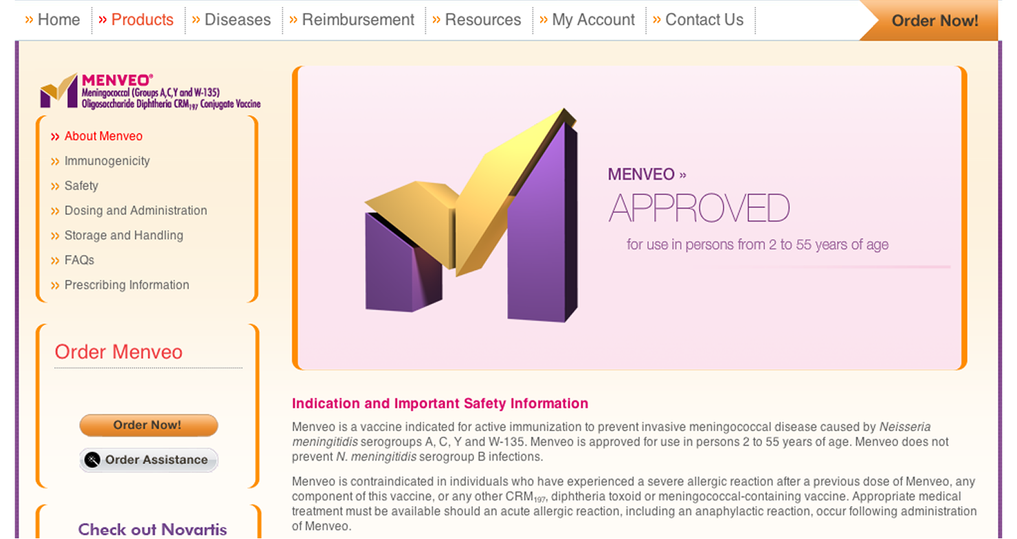 Menveo.com ordering page showing the Menveo logo with an 'Approved' badge alongside order and compliance content.