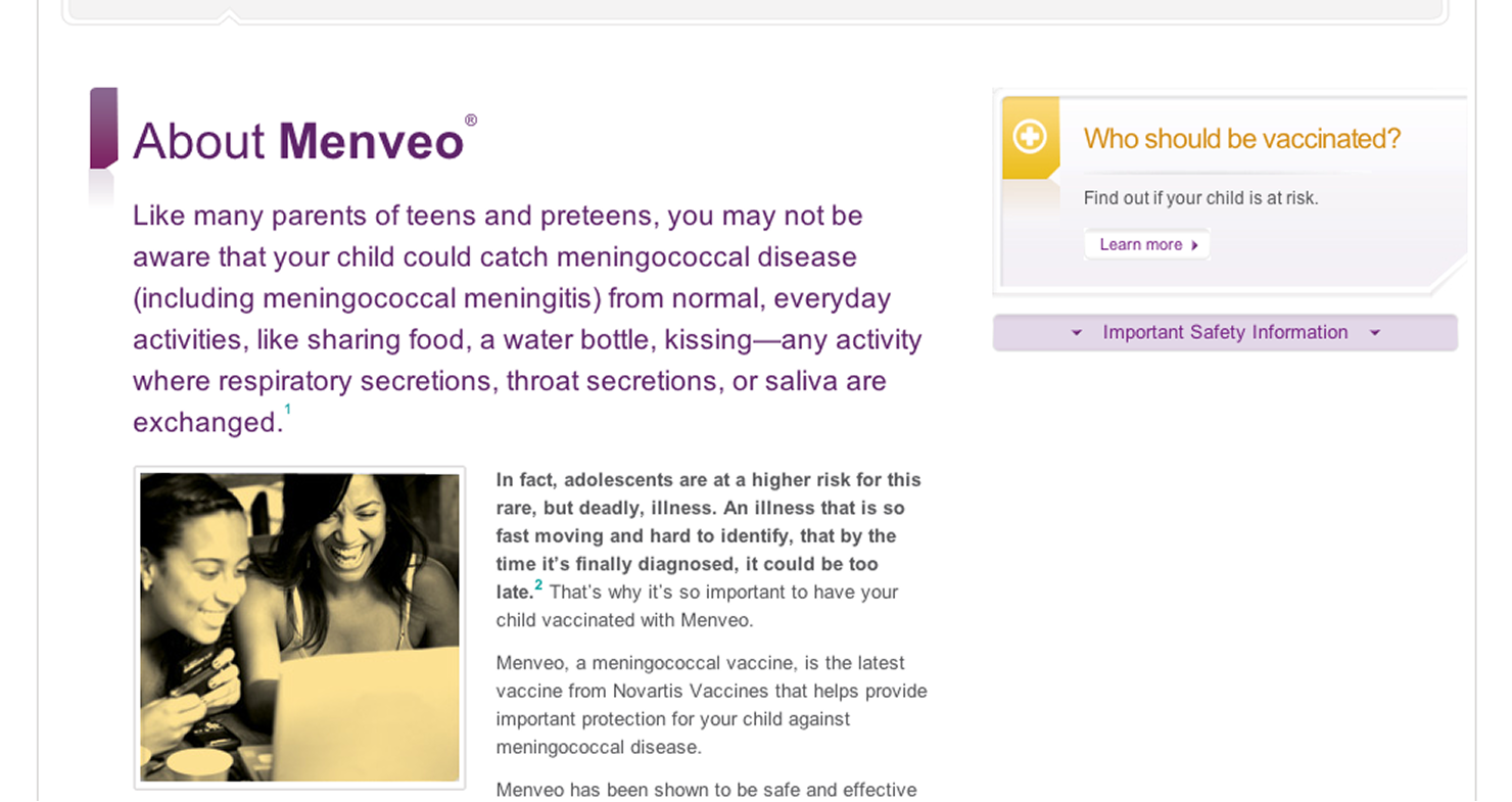 Menveo.com About page describing the vaccine, with a sidebar question module and a photo of two teens.