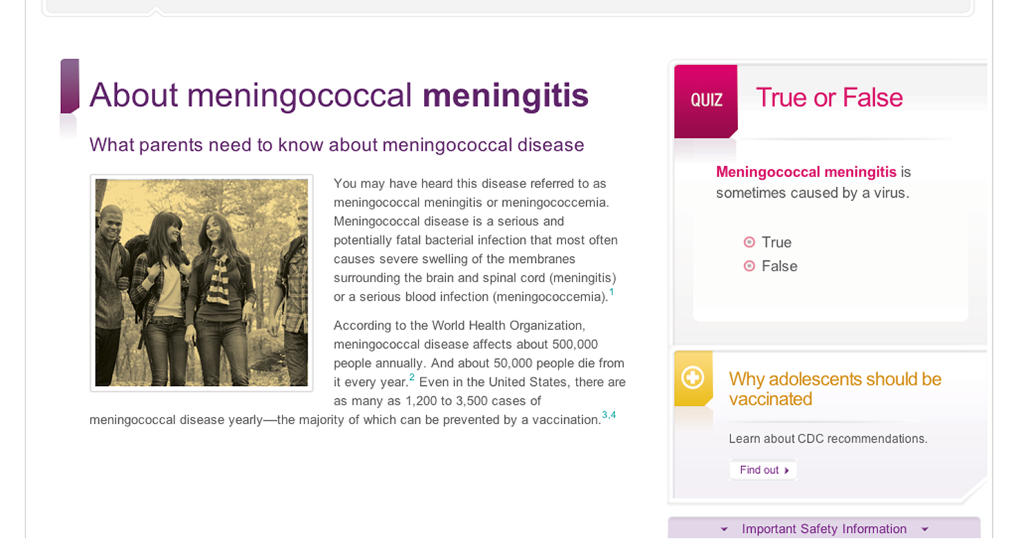 Menveo.com meningitis-education page with a True-or-False knowledge quiz and supporting text.