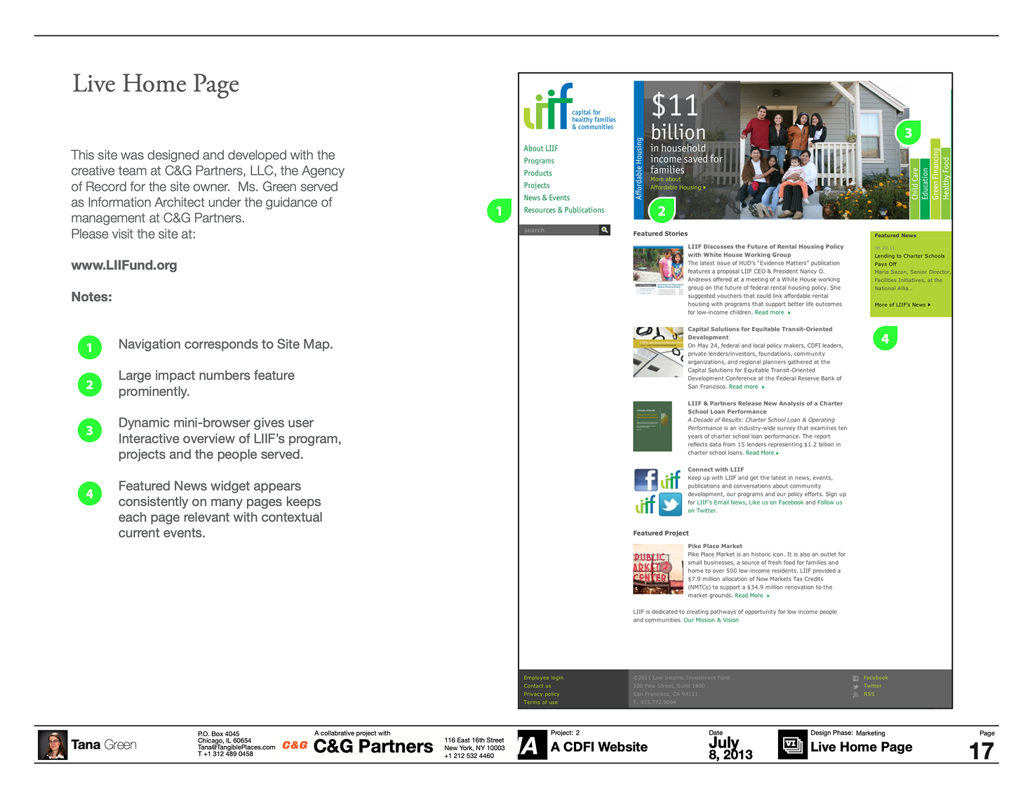 Presentation sheet pairing the launched homepage with four numbered annotations; annotation text appears in the caption.