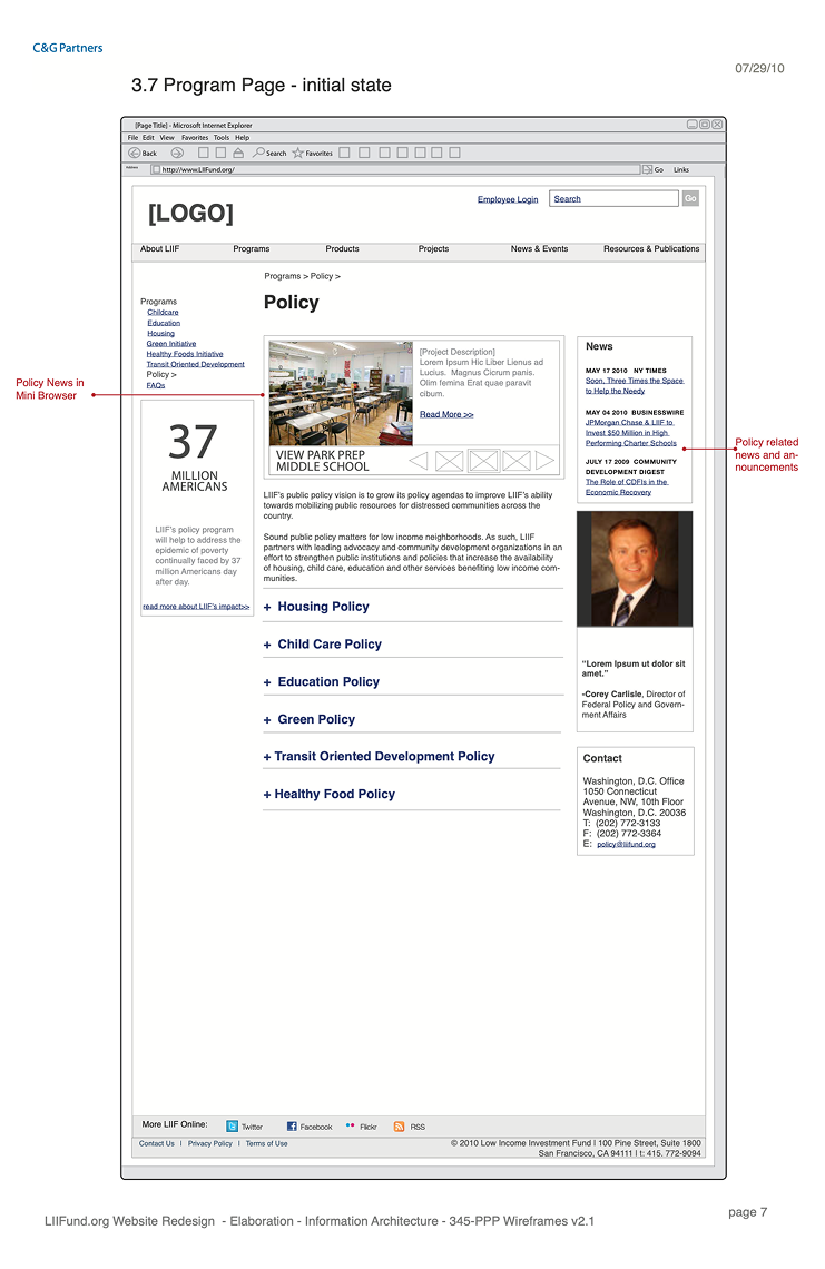 Policy page wireframe, showing the DC office composing a page from shared statistics, news, and a director portrait rather than dedicated content.