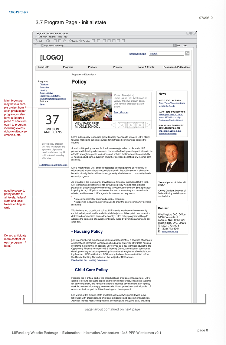 Expanded state of the policy page wireframe, with annotations questioning content depth and coverage of federal, state, and local policy work.