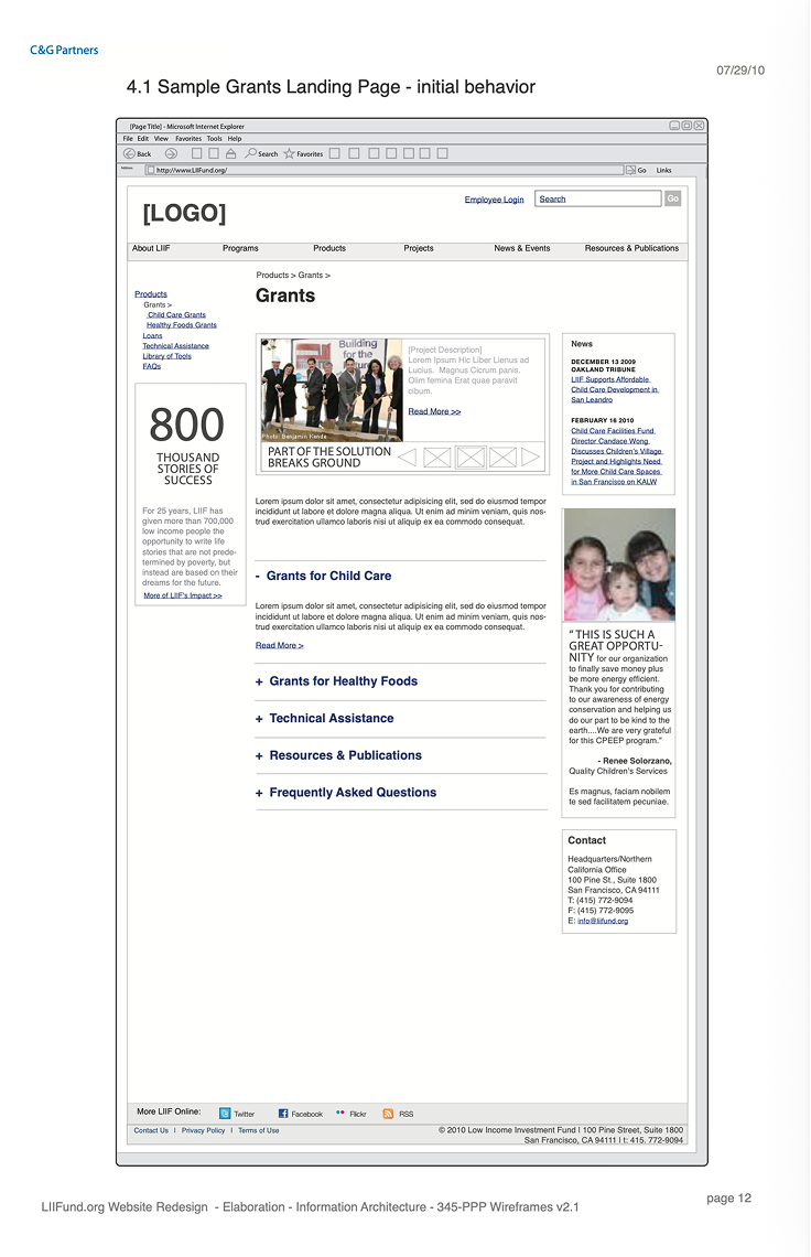 Grants landing page wireframe with a statistic panel, groundbreaking photograph, and expandable sections for each grant category.