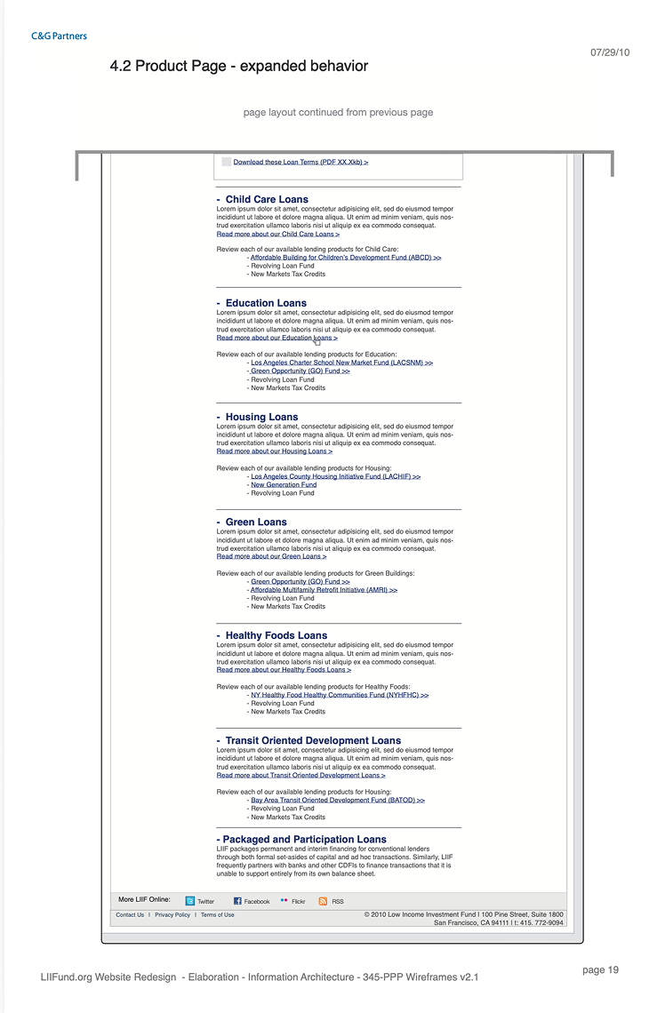 Continuation of the expanded Loans wireframe, listing lending products grouped by program area with links to each named fund.