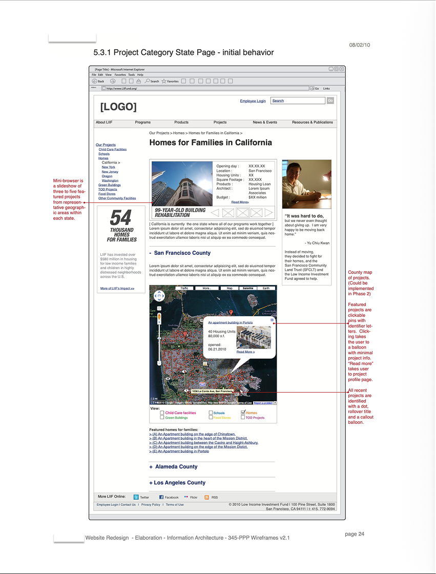 Wireframe of a state-level project page for California homes, combining project detail fields with an interactive county map whose pins open project summaries; annotations describe the map behavior and phasing.
