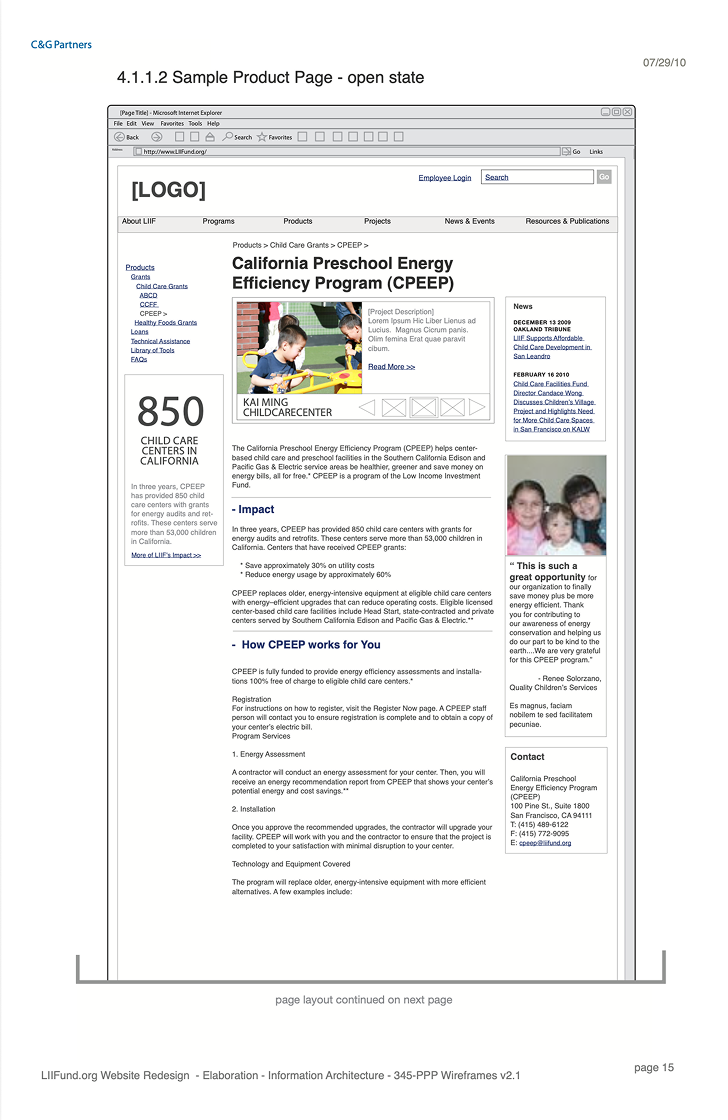 Wireframe of the CPEEP product page in open state, three levels deep under Products, showing impact figures and a step-by-step account of how a child care center enrolls in the energy efficiency program.