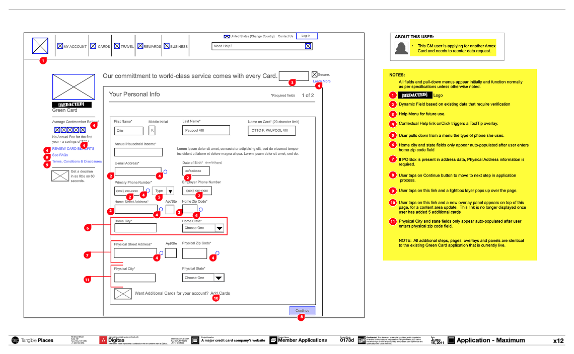 Maximum-condition wireframe for a cardmember applying for a second card, page 1 of 2, with eleven numbered annotations covering dynamic fields, tooltips, and overlay behavior.