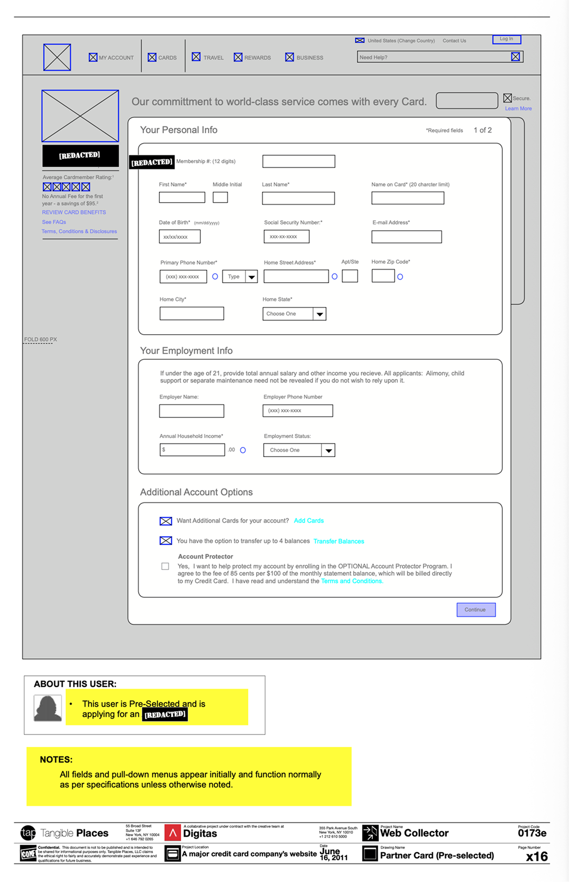 Partner card wireframe for a pre-selected applicant, with the partner membership number placed at the top of the personal information panel.