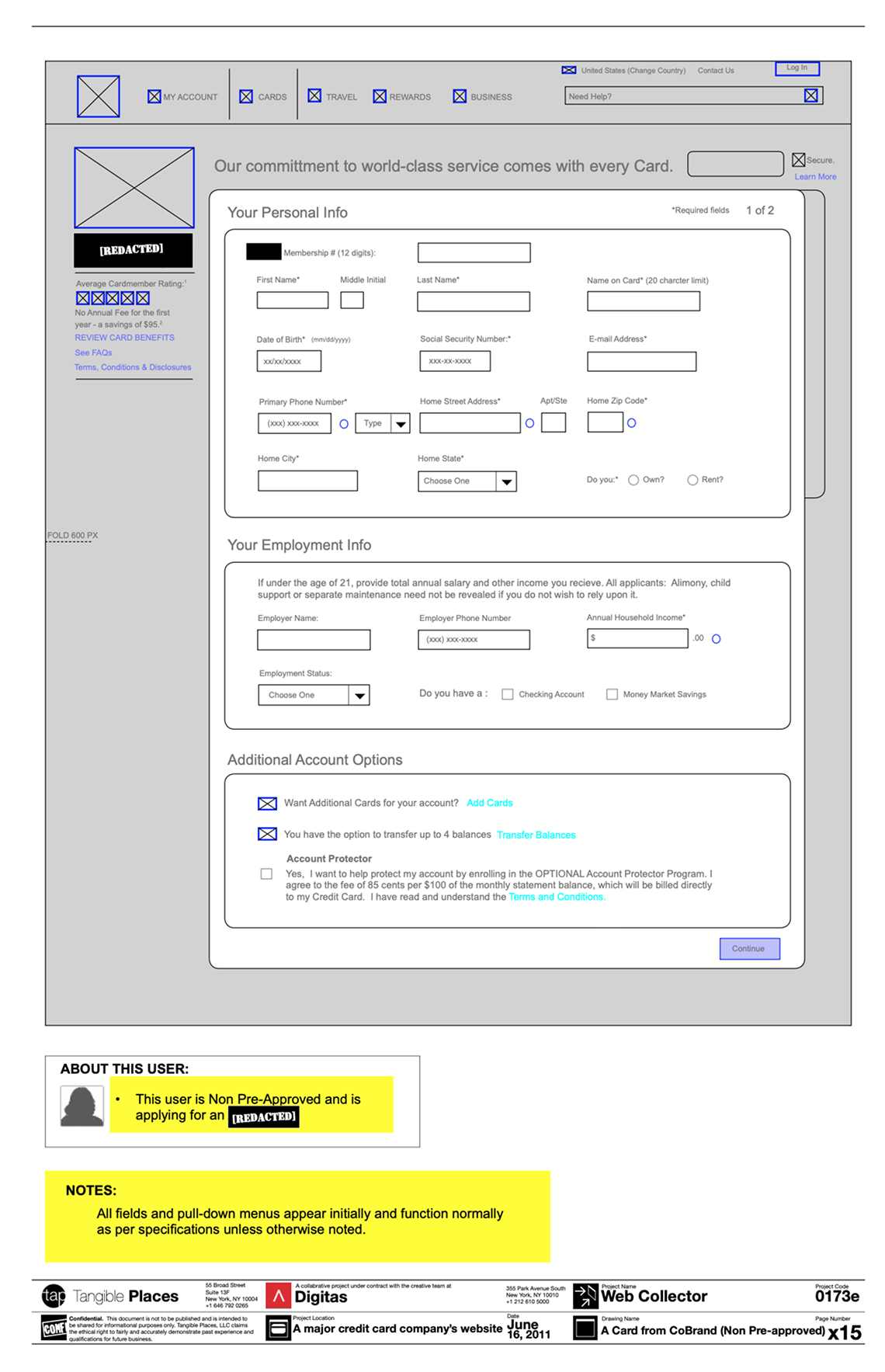 Co-brand card wireframe for a non-pre-approved applicant, opening with a twelve-digit membership number and collecting full home address and employment status.