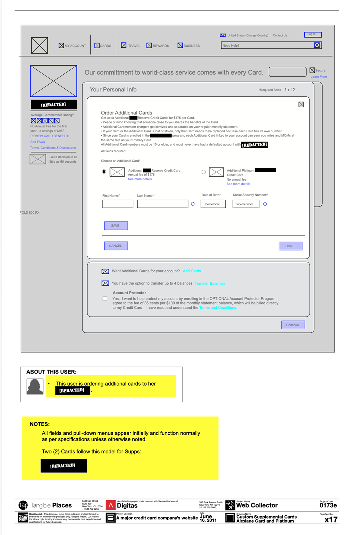 Supplemental card wireframe with an overlay for ordering an additional card, offering two card options with their fees. A note records that two cards follow this model.