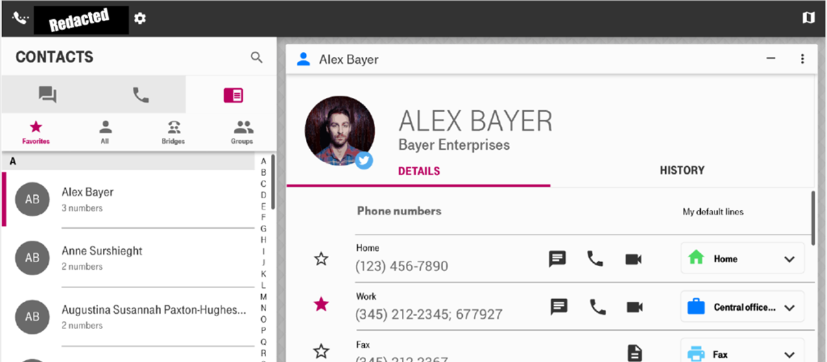 Web app contact screen split into a contacts list on the left and a selected contact's detail on the right, where each phone number—home, work, fax—is paired with a chosen default line such as Home or Central Office.