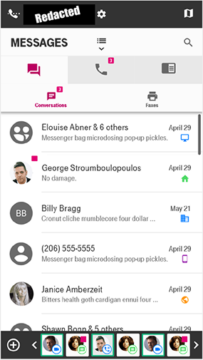 Mobile messages list with unread badges and per-line icons, and a bottom dock of activity chips—each a contact photo with a communication-type icon—for switching between ongoing conversations.