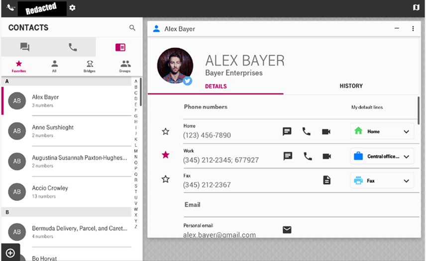 Expanded tablet contact screen with a scrollable contacts list beside a full contact detail—phone numbers with default-line assignments and an email section.