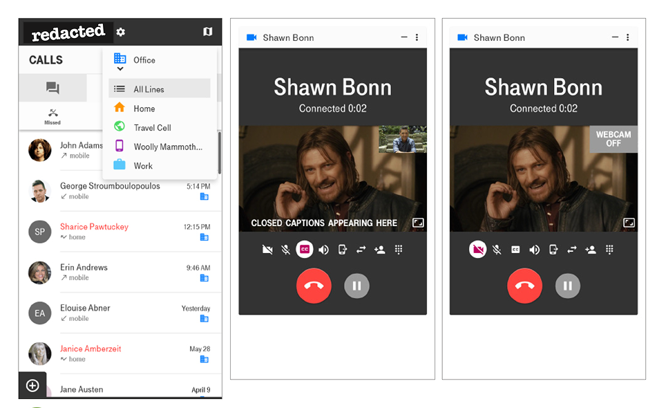 Three mobile frames—a call list beside two video-call states for the same contact: one displaying live closed captions, the other showing a "webcam off" placeholder.