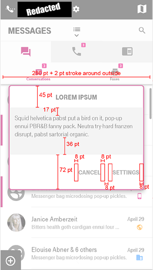 Redlined specification for a custom modal alert over a messages list, annotated with red measurements for type sizes, padding, and stroke width defining the dialog's title, body text, and Cancel and Settings buttons.
