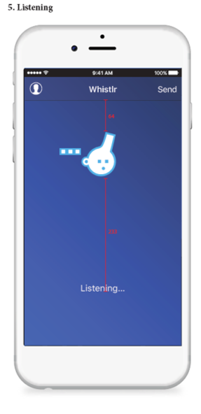 Whistlr listening state: three sound-packet squares approach the whistle-bot icon above the caption "Listening…"