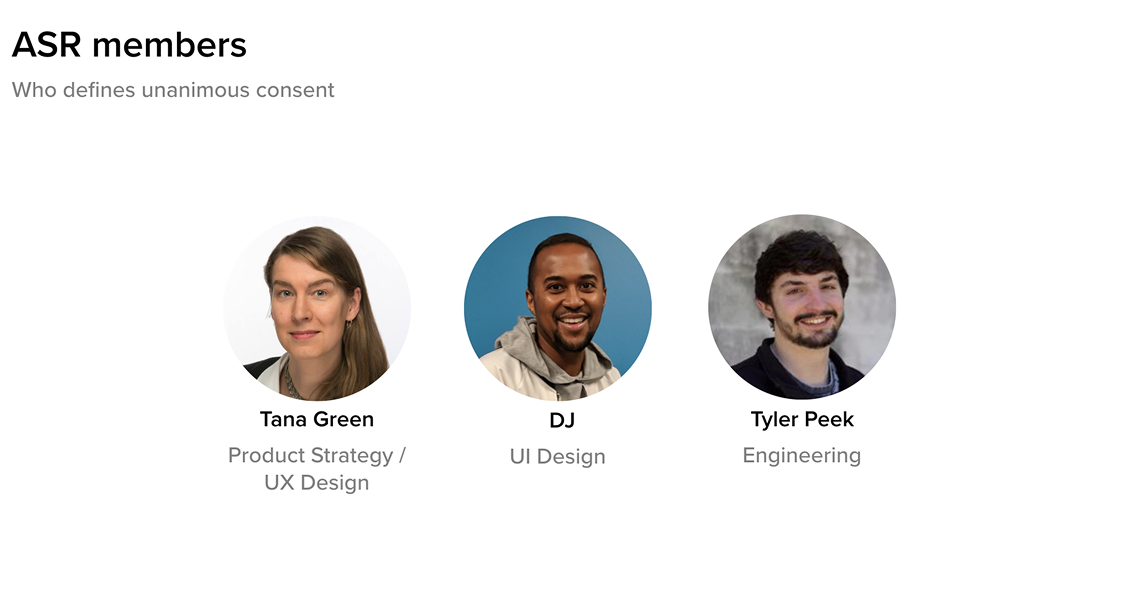 Apollo Stakeholder Review board members: Tana Green (Product Strategy / UX Design), DJ (UI Design), and Tyler Peek (Engineering) — the three roles whose unanimous consent approves a component.