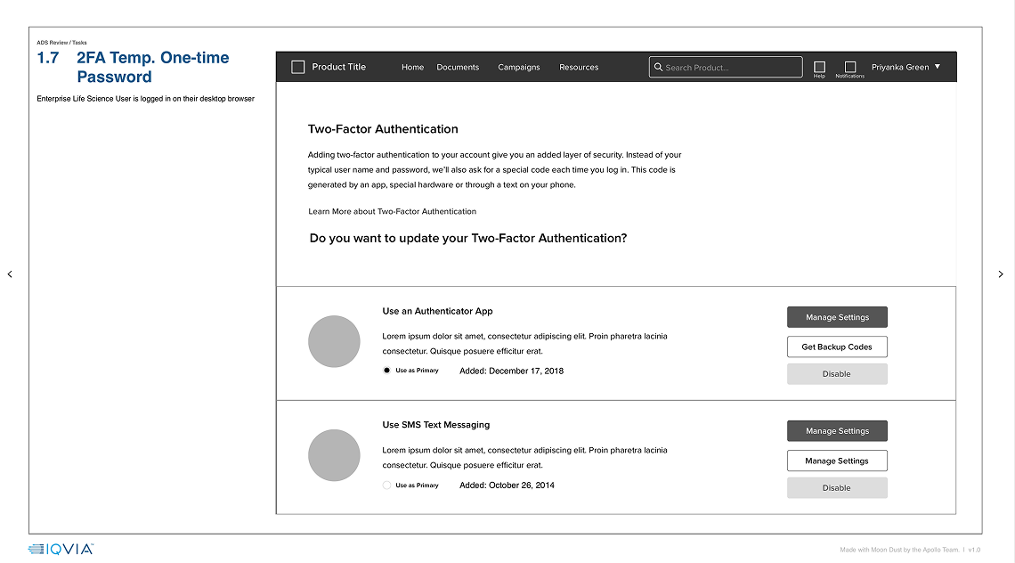 Two-Factor Authentication pattern wireframe for an enterprise life-sciences product, offering authenticator-app and SMS methods with manage, backup-code, and disable controls.