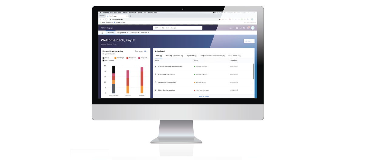 The Engage dashboard welcomes a medical manager by name, pairing a status chart of engagements, vendors, and experts with a panel of items awaiting action.