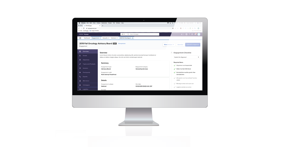 Finished Engagement Overview interface with summary and detail sections at left and an Engagement Checklist at right, its required items marked complete or outstanding.
