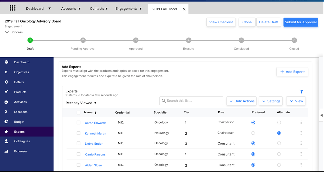 Add Experts screen listing candidate experts with credential, specialty, tier, and role, and radio controls designating each as preferred or alternate for the engagement.