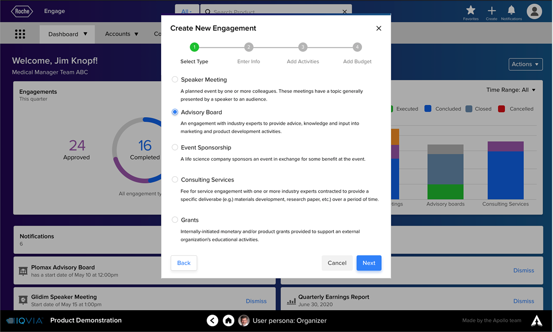 Create New Engagement concept showing a four-step modal on its first step, where the user selects an engagement type from speaker meeting, advisory board, event sponsorship, consulting services, or grants, each with a short definition.