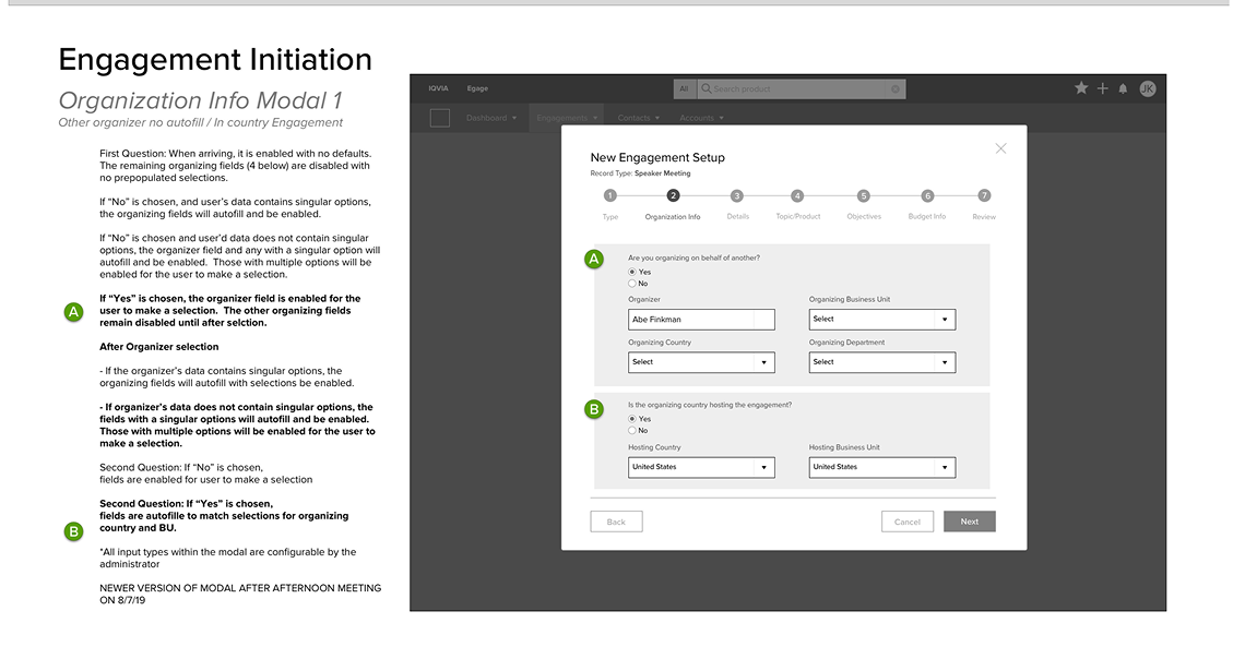 Annotated wireframe of the Engagement Initiation organization info modal, step two of seven, showing conditional logic notes for how organizer, country, and business unit fields autofill or enable based on the user's answers.