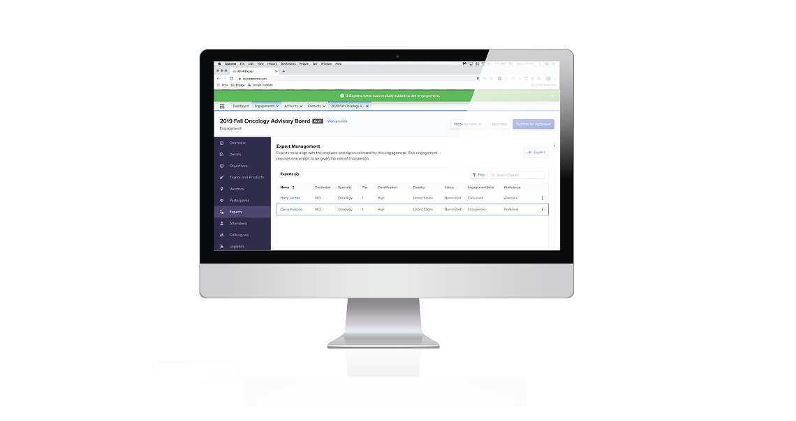 Expert Management screen confirming two experts were successfully added to an engagement, listing each with credential, specialty, tier, country, nomination status, and role.