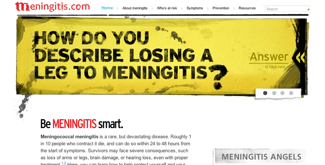 Meningitis.com launched home page with a large yellow banner reading "How do you describe losing a leg to meningitis?" above introductory copy headed "Be meningitis smart," with primary navigation