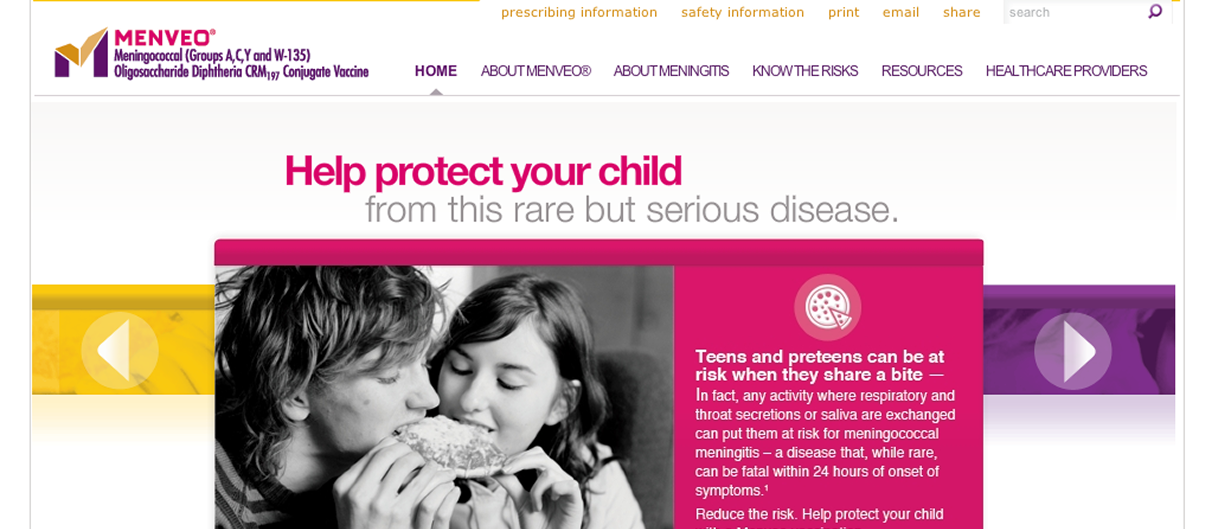 Launched Menveo.com home page: a pink 'Help protect your child' banner over a photo of two teens sharing food, above navigation to prescribing and safety information. Final UI by others.