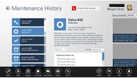The Maintenance History screen with the Windows app bar open along the bottom, exposing tools including reports, maps, schedule, camera, and task list.