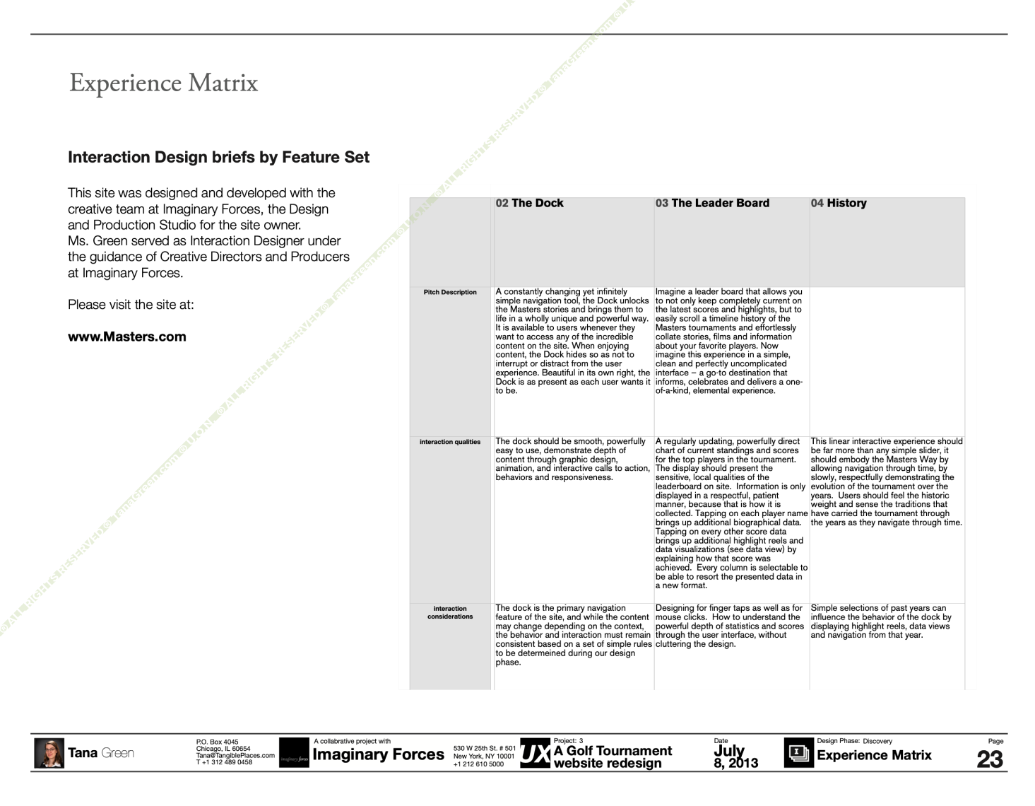 Thumbnail of the Experience Matrix: a multi-column table specifying animation, rendering, and editorial timing requirements for each of the seven primary site features.
