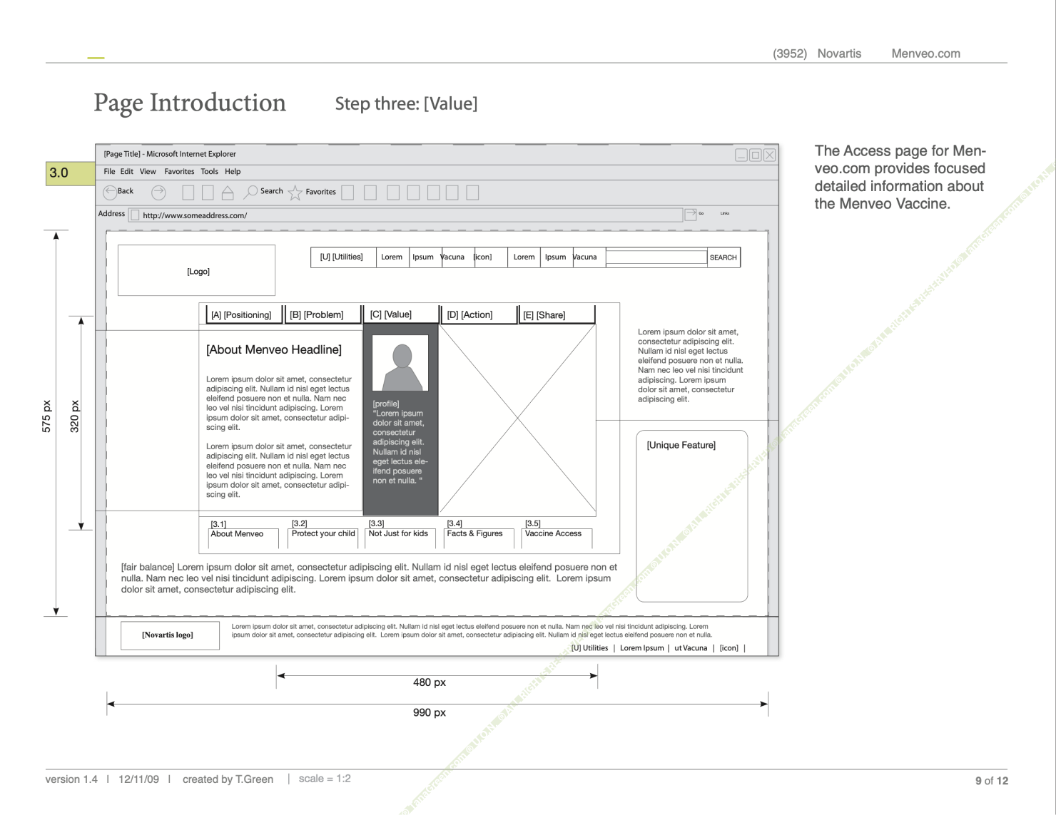 Low-fidelity wireframe, Value page: value-messaging modules and a persona callout, annotated with layout notes.