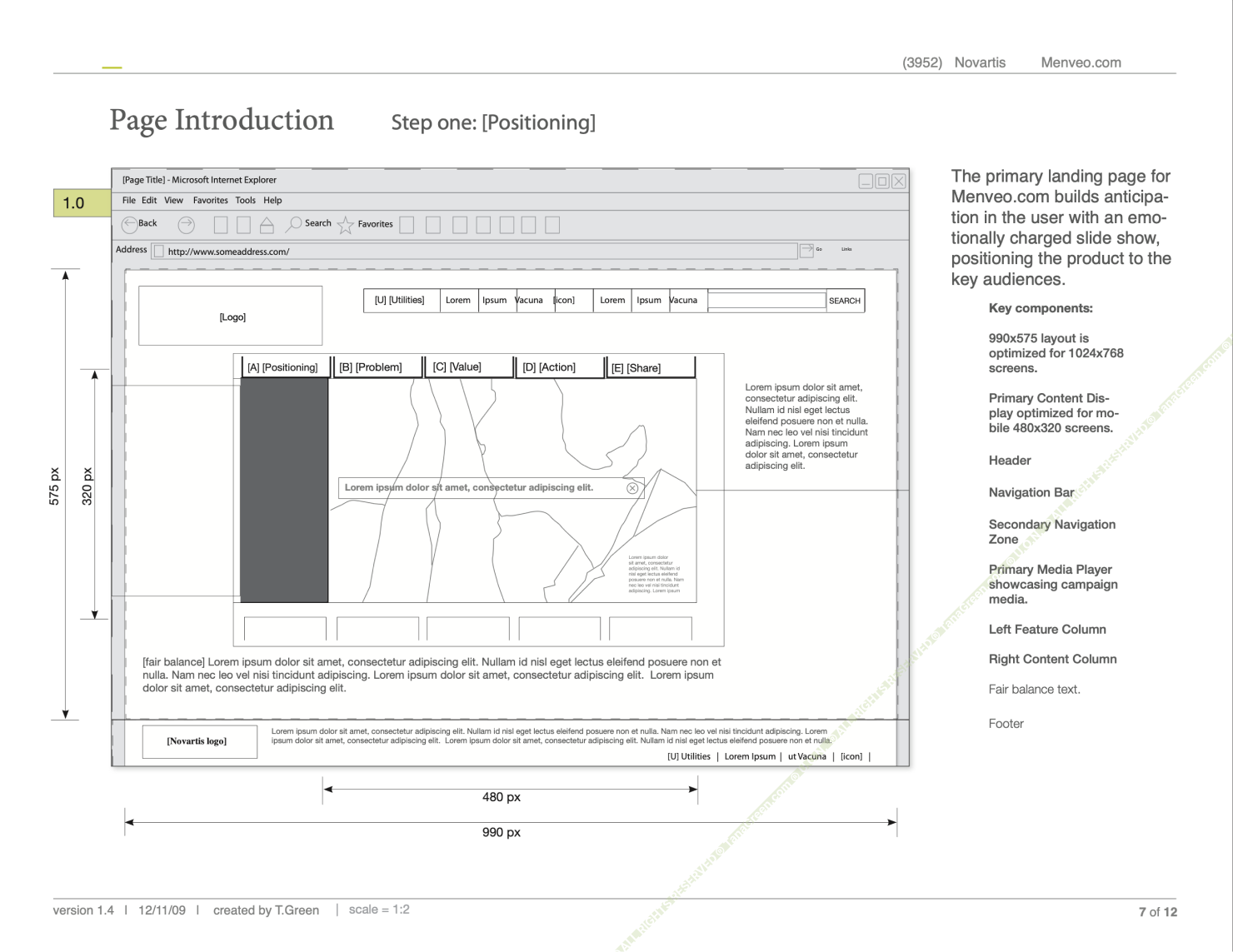 Low-fidelity wireframe, Positioning landing page (variant 3): same structure with a further layout iteration.
