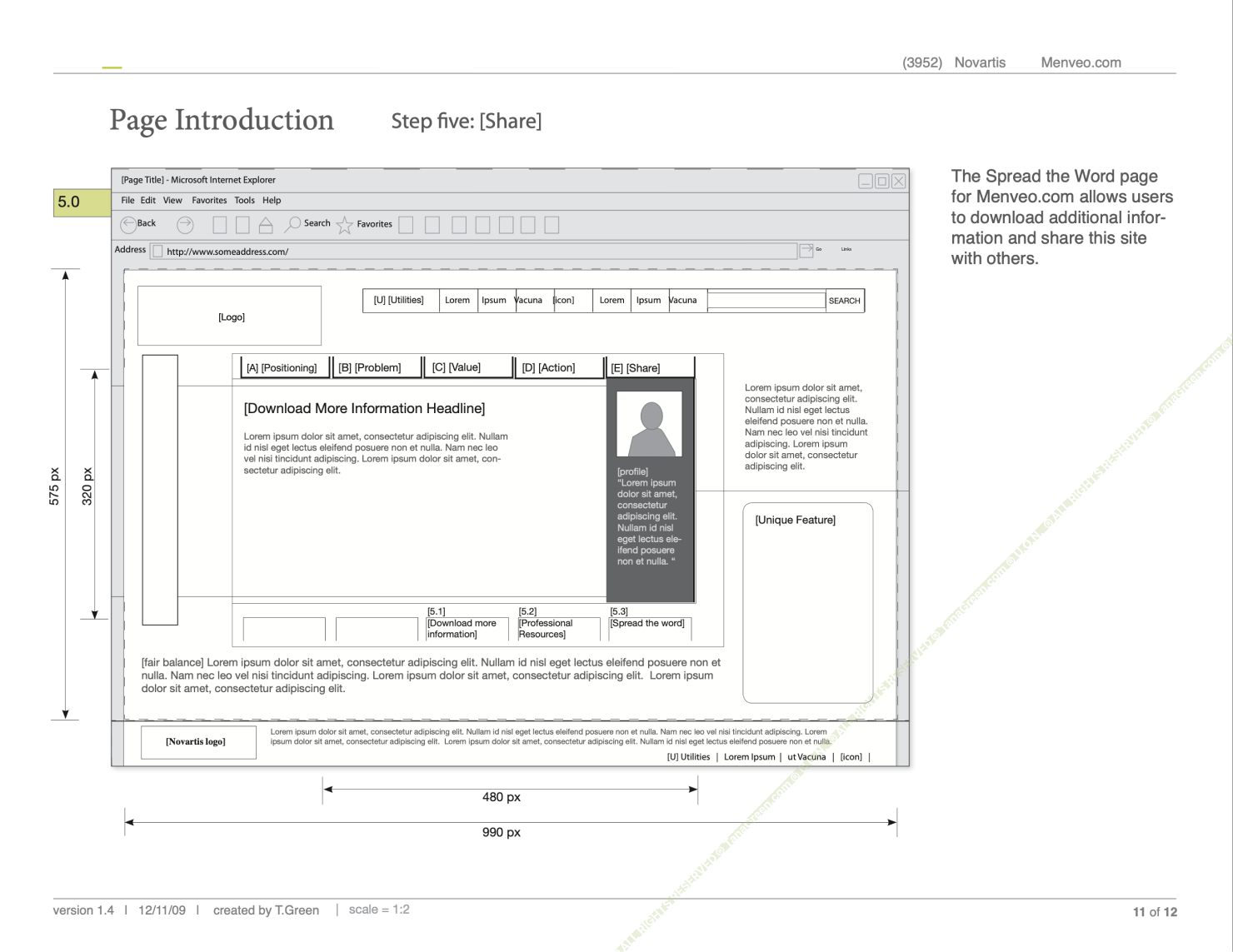 Low-fidelity wireframe, Share page: sharing modules and a downloads/resource area, annotated with layout notes.