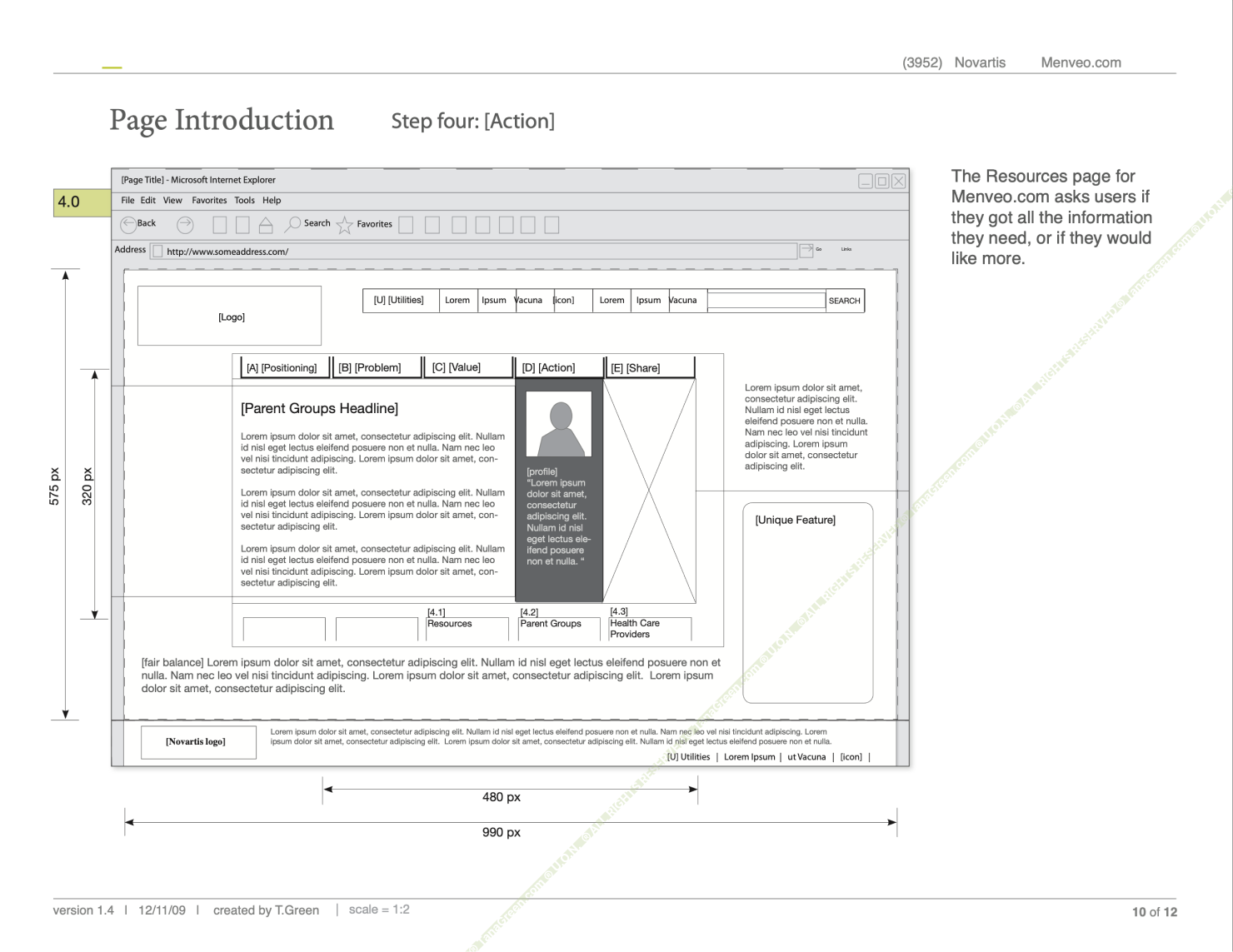 Low-fidelity wireframe, Action page: ordering-oriented content and calls to action, annotated with component notes.