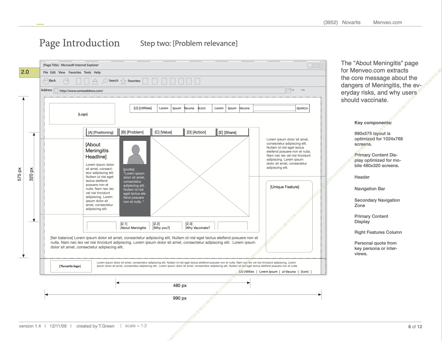 Low-fidelity wireframe, Problem/Relevance page: content module with a persona callout and supporting imagery, annotated with component notes.