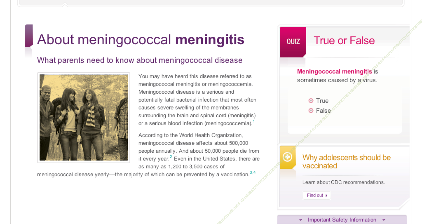 Menveo.com meningitis-education page with a True-or-False knowledge quiz and supporting text.