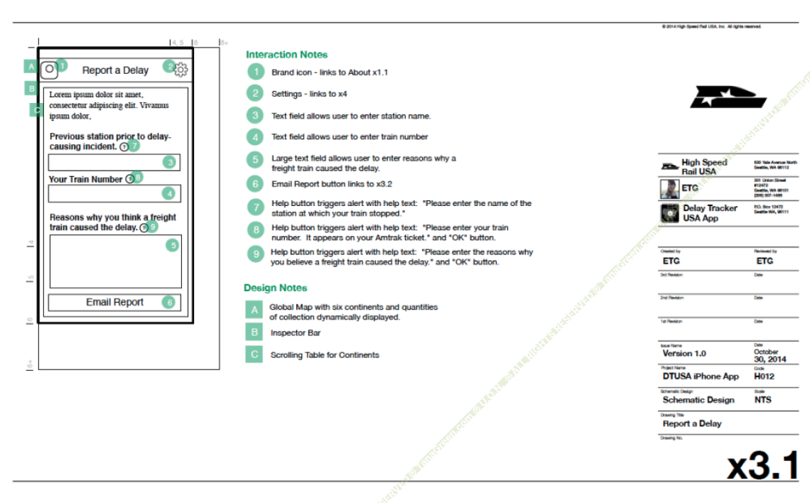 Annotated wireframe of the "Report a Delay" screen — station name, train number, and delay-cause fields above an Email Report button — beside numbered interaction and design notes.