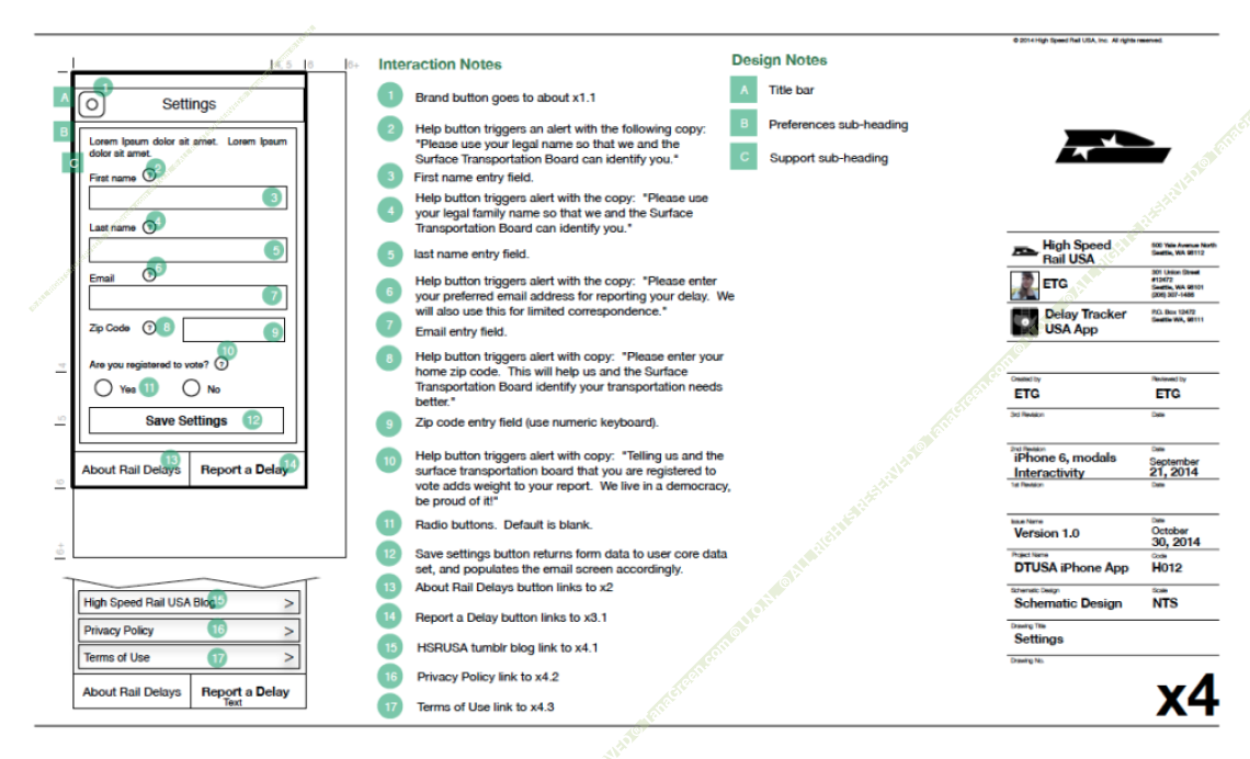 Annotated wireframe of the Settings screen — first name, last name, email, zip code, and voter-registration fields — beside numbered interaction and design notes.