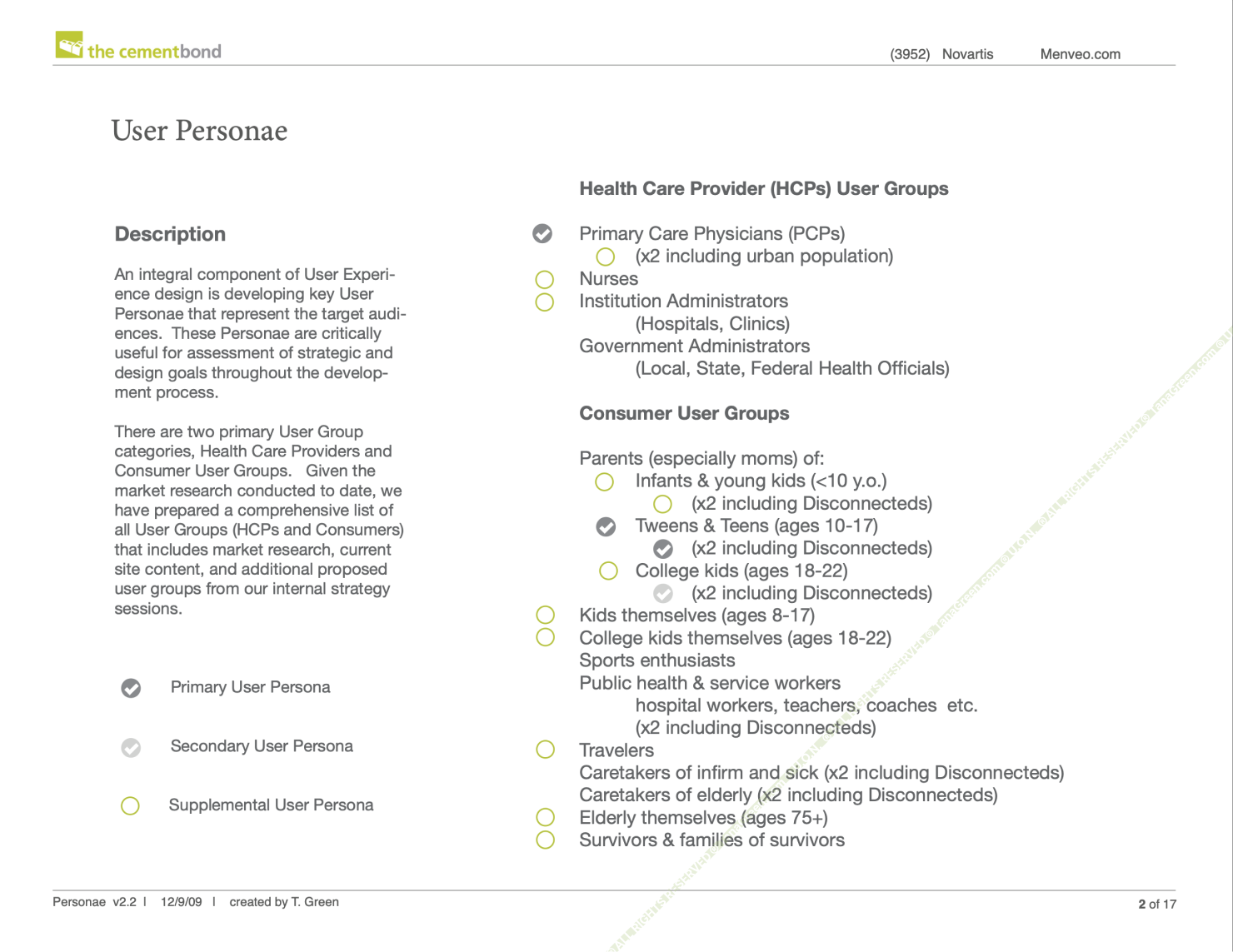 Outline of audience segmentation into persona types: parents, travelers, seniors, and HCPs.